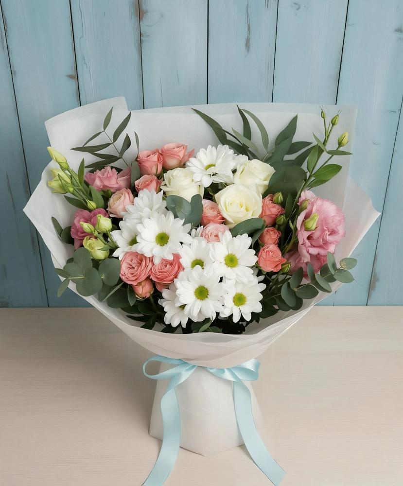 Букет цветов из: Розы, Лизиантусы и Хризантемы в Брехово