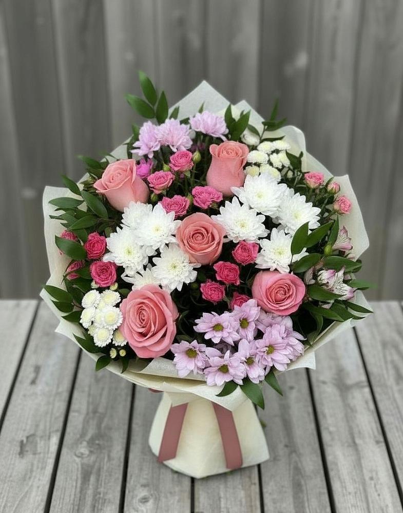 Букет цветов из: Альстромерии, Гвоздики, Розы и Хризантемы в Брехово