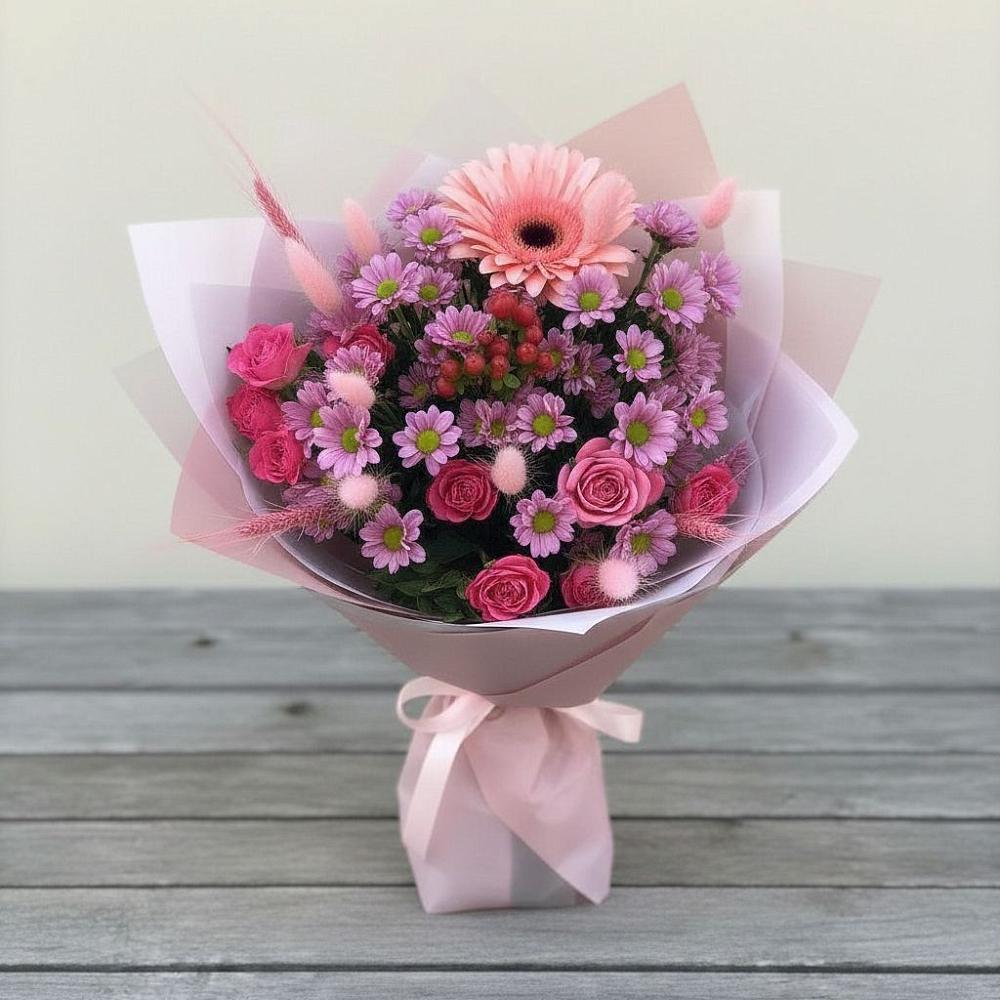 Букет цветов из: Розы, Герберы и Хризантемы в Брехово