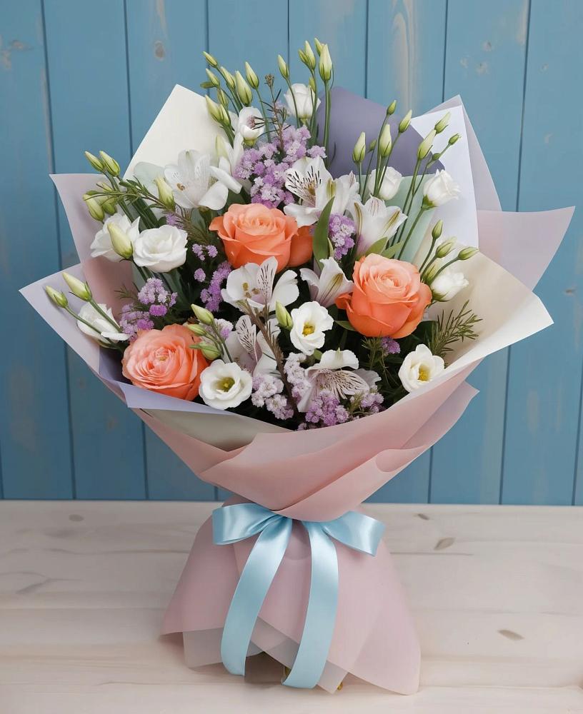 Букет цветов из: Лизиантусы, Розы, Альстромерии и Гипсофила в Брехово