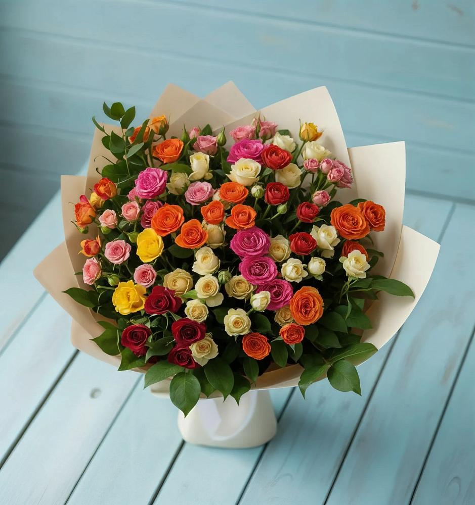 Букет Микс из разноцветных кустовых роз в Брехово