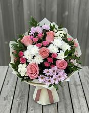 Букет цветов из:  Альстромерии, Гвоздики, Розы и Хризантемы в Брехово