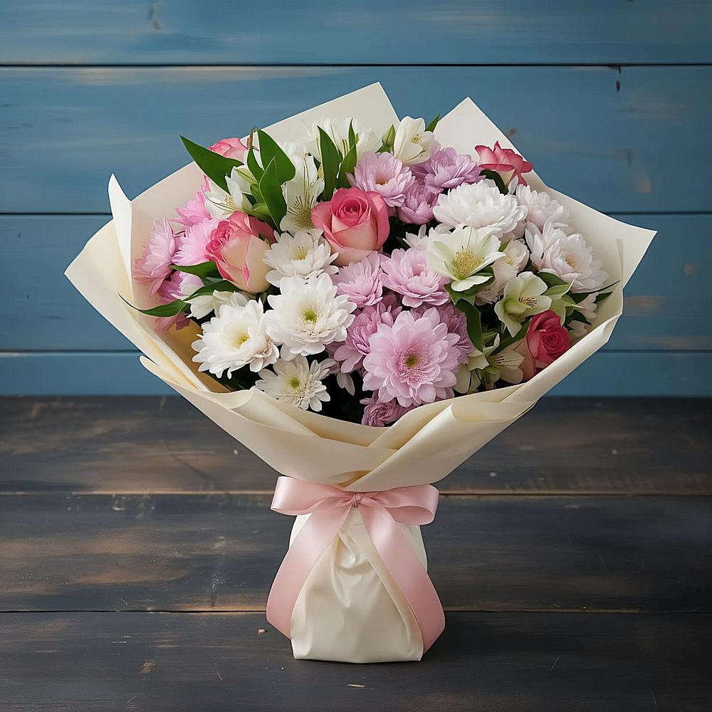 Букет цветов из: Хризантемы, Альстромерии и Розы в Брехово